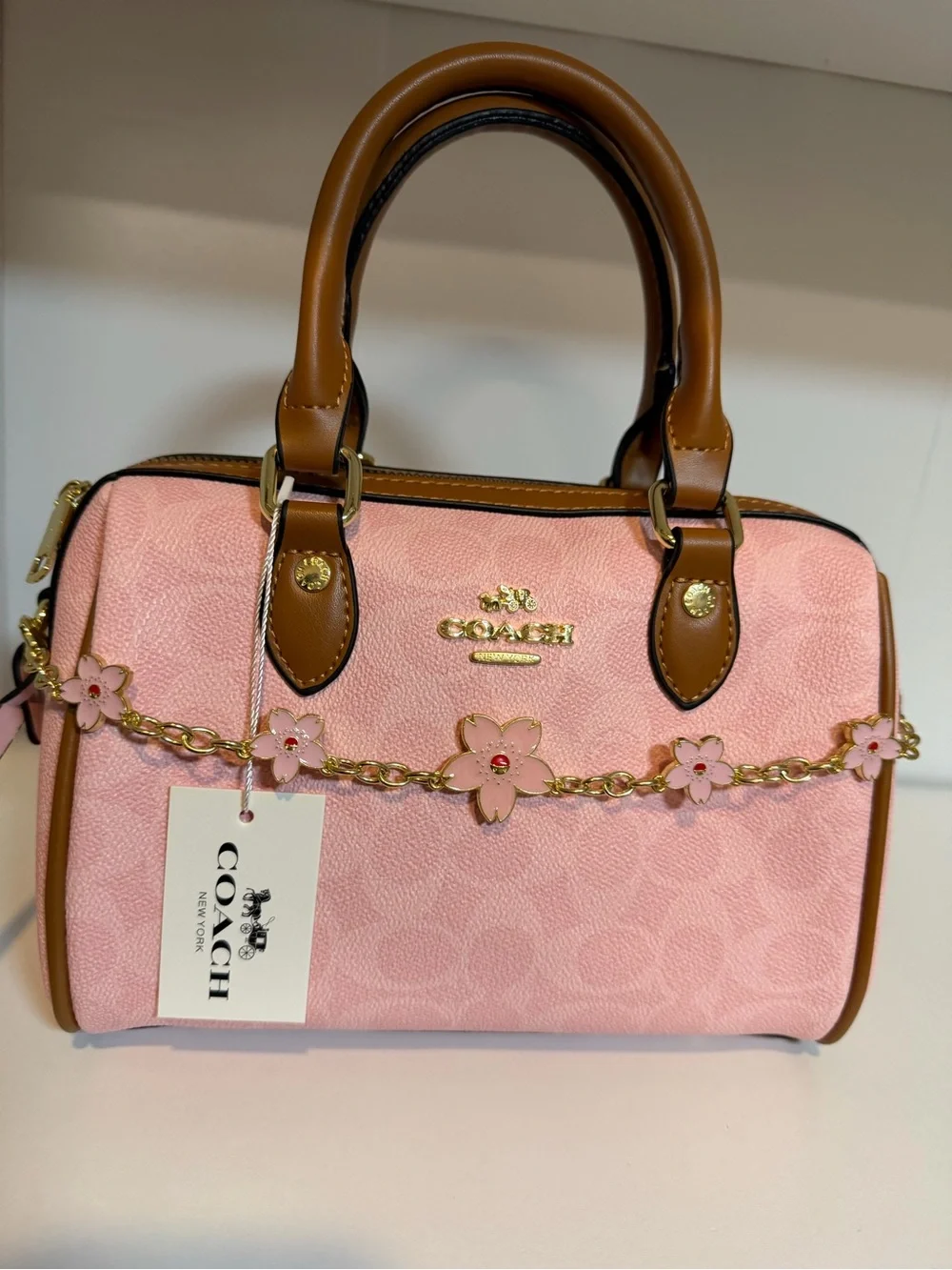 Coach Pink Satchel with Tan Trim and Floral Chain